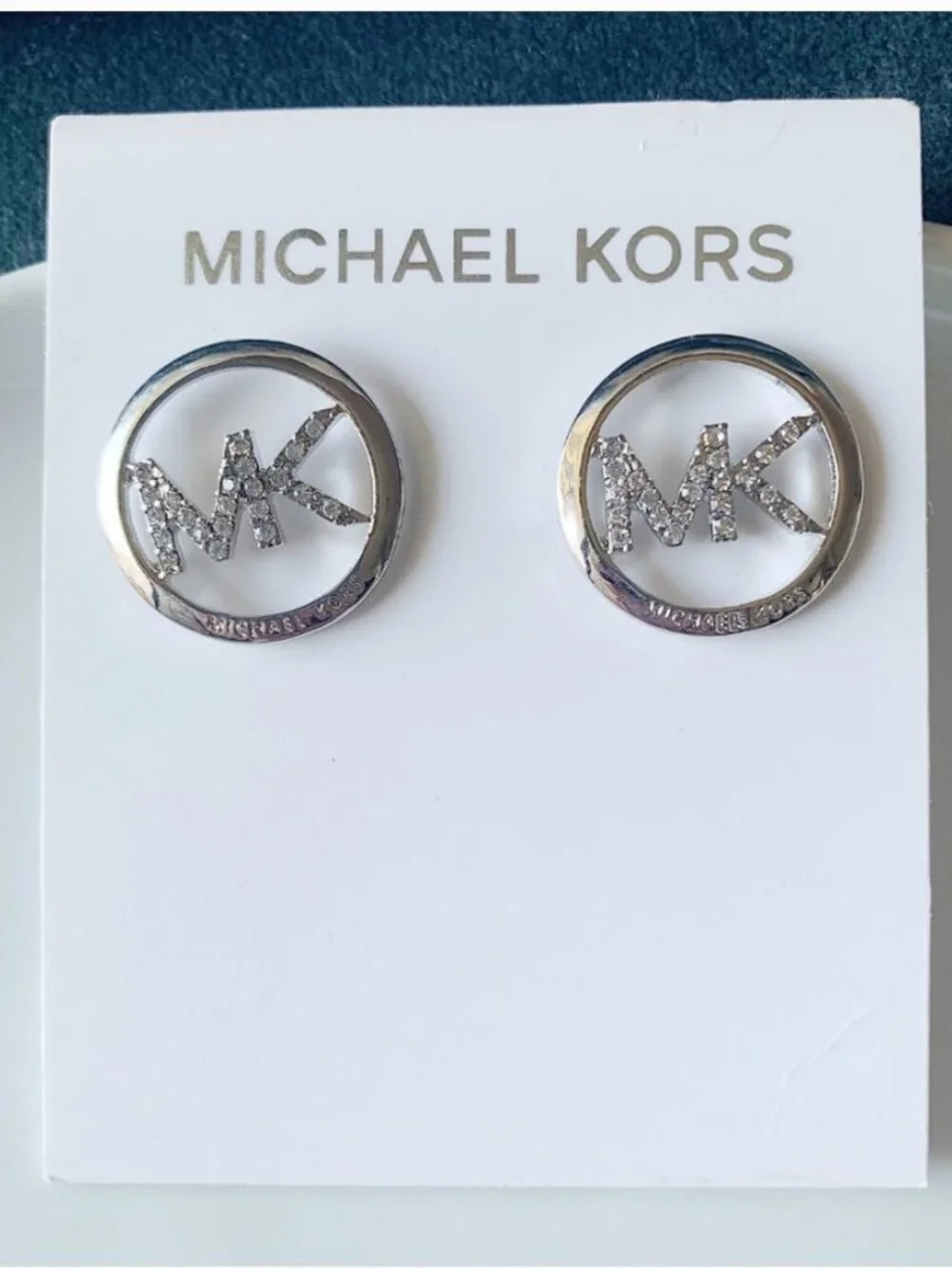 Michael Kors MK Logo Crystal Stud Earrings Silver Tone Pavé Circle Earrings